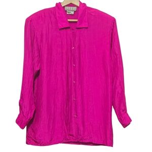 Linea Privata 100% Crinckled Silk Bright Fuchsia Button-Up Shirt Womens Small